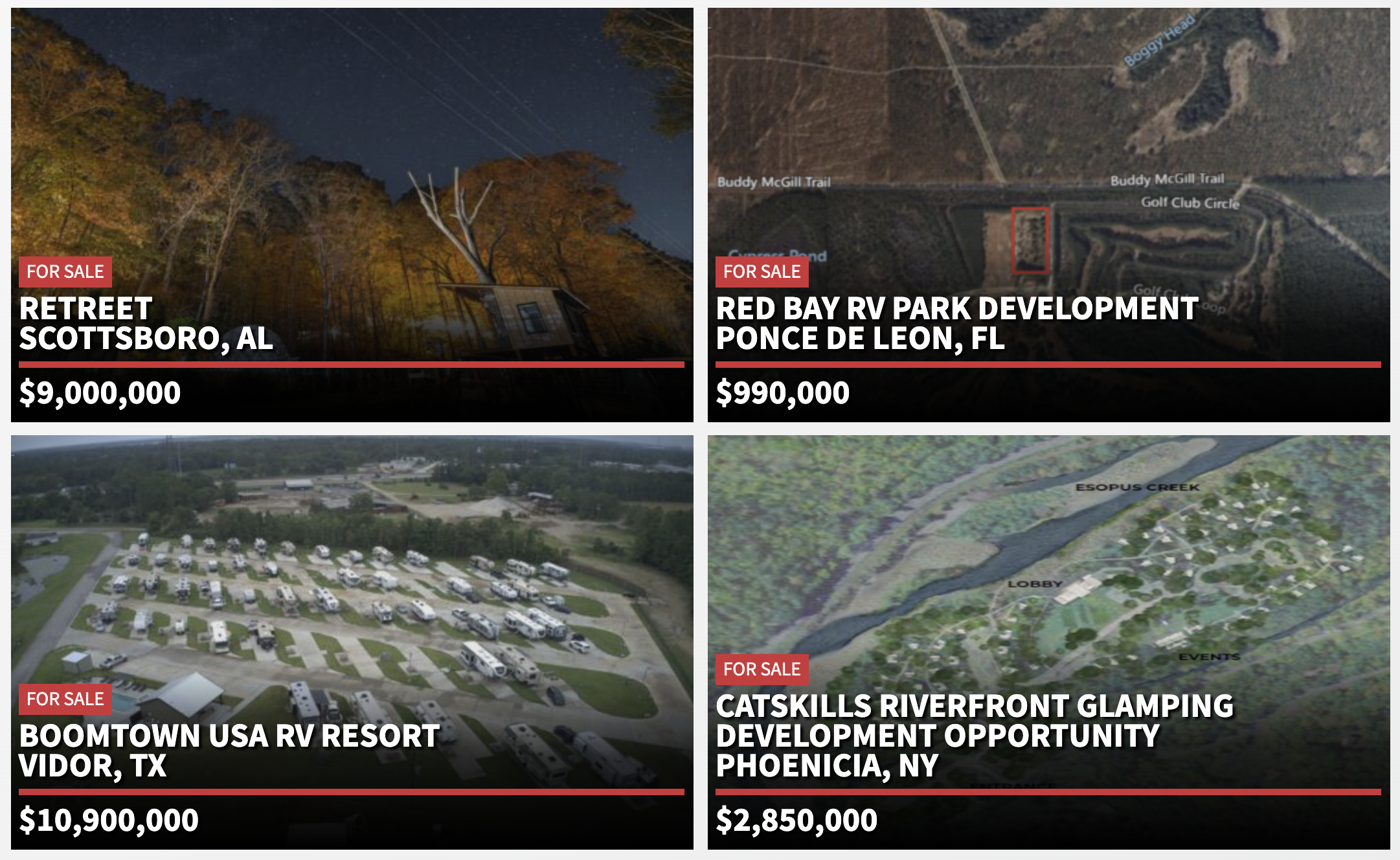 A real estate listing showcasing four outdoor hospitality properties for sale. The top left features "Retreet" in Scottsboro, AL, a scenic glamping-style resort listed at $9,000,000, with modern cabins among autumn trees under a starry sky. The top right highlights "Red Bay RV Park Development" in Ponce De Leon, FL, a development opportunity priced at $990,000, with an aerial map showing the land parcel. The bottom left presents "Boomtown USA RV Resort" in Vidor, TX, a large RV park listed at $10,900,000, featuring multiple rows of RVs and parking spaces in a bird’s-eye view. The bottom right showcases "Catskills Riverfront Glamping Development Opportunity" in Phoenicia, NY, priced at $2,850,000, with a rendered aerial view of a riverside glamping community near Esopus Creek. age Outdoor Advisory provides expert feasibility studies and market insights to help investors make informed decisions on properties like these.